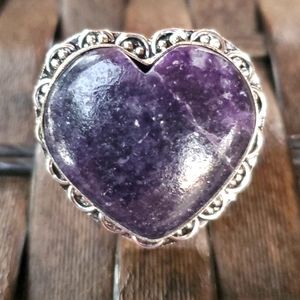 New Lepidolite Heart Shaped 925 Silver Statement Ring.